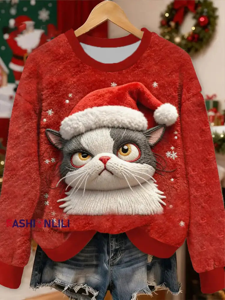 Women’s Cute Christmas Cat Flannel Hoodie Red / S