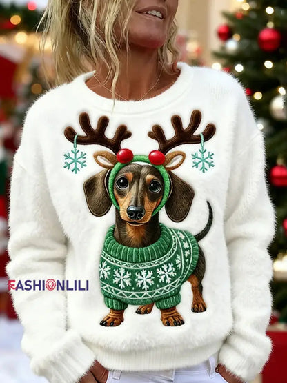 Women’s Cute Christmas Dachshund Pattern Flannel Hoodie