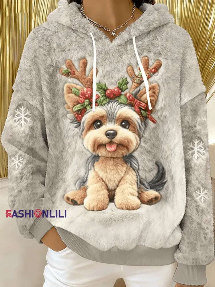 Women’s Cute Christmas Dog Art Print Casual Flannel Hoodie As picture / S