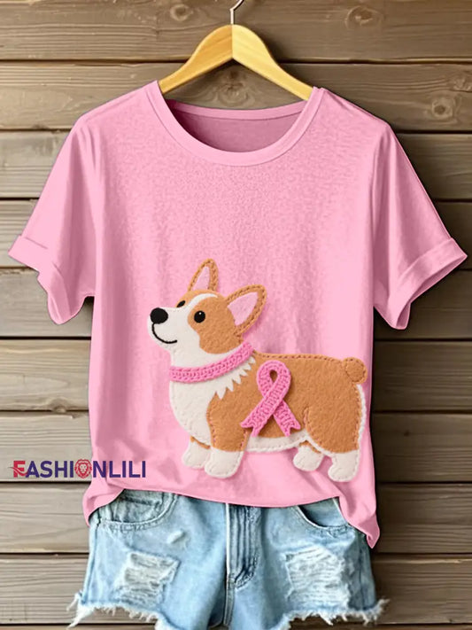 Women’s Cute Corgi Pattern Felt Art T Shirt Pink / S