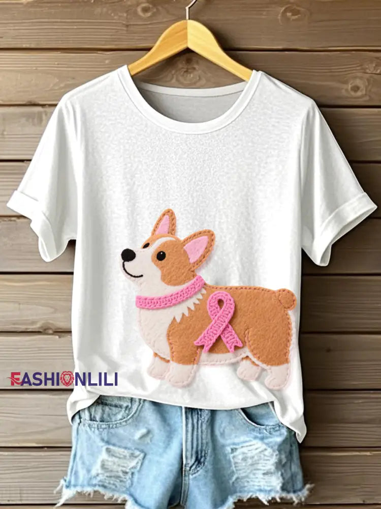 Women’s Cute Corgi Pattern Felt Art T Shirt White / S