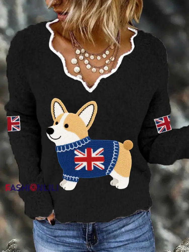 Women’s Cute Corgi Union Jack Print Casual Long Sleeve Top Black / S