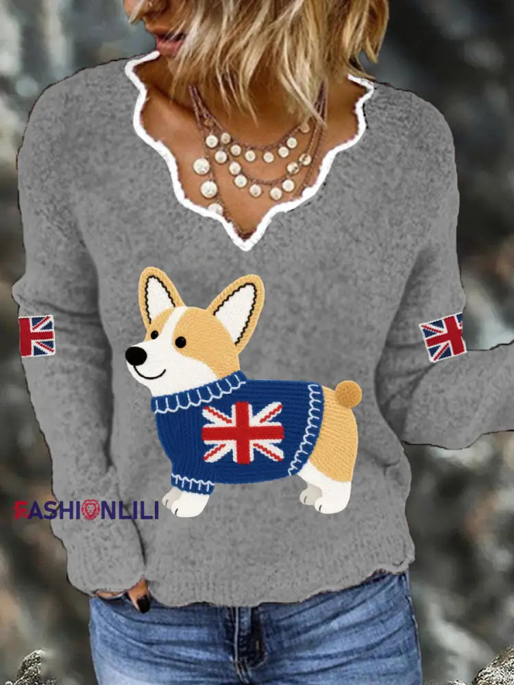 Women’s Cute Corgi Union Jack Print Casual Long Sleeve Top Gray / S