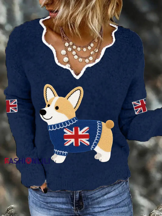 Women’s Cute Corgi Union Jack Print Casual Long Sleeve Top Navy Blue / S