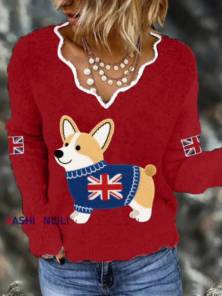 Women’s Cute Corgi Union Jack Print Casual Long Sleeve Top Red / S