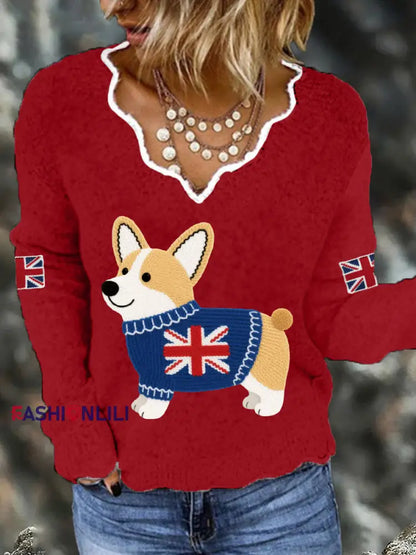 Women’s Cute Corgi Union Jack Print Casual Long Sleeve Top Red / S