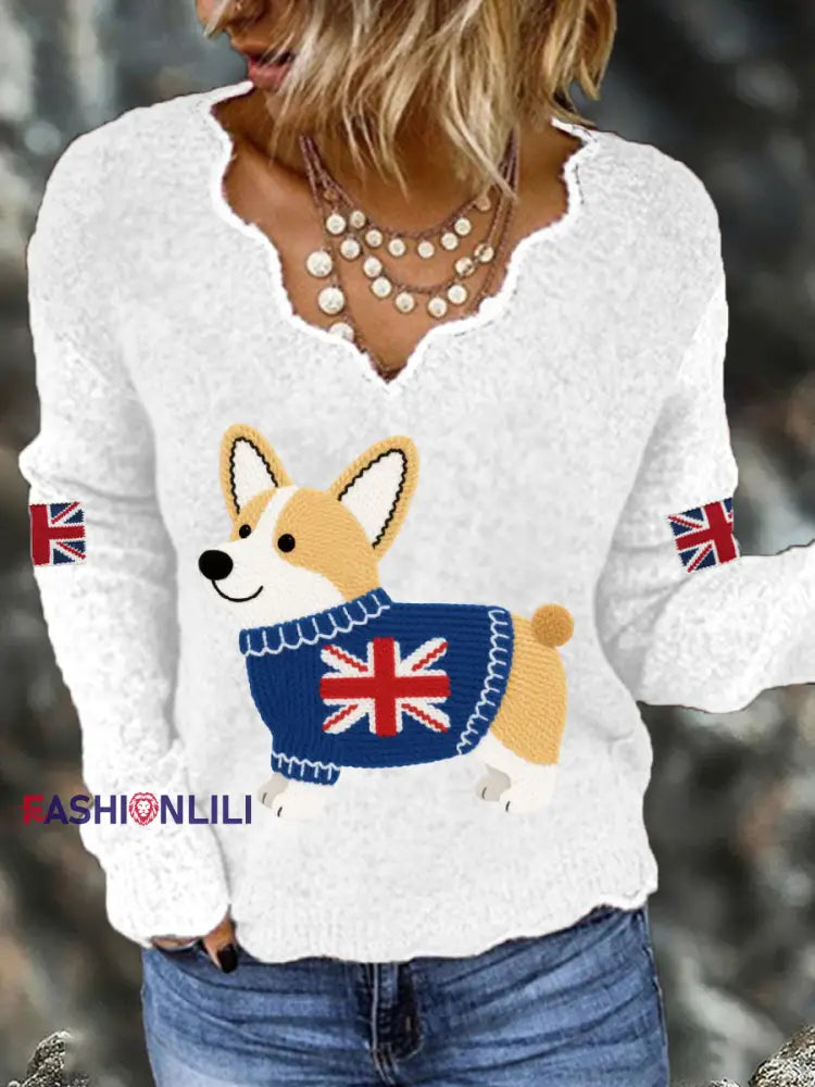 Women’s Cute Corgi Union Jack Print Casual Long Sleeve Top White / S