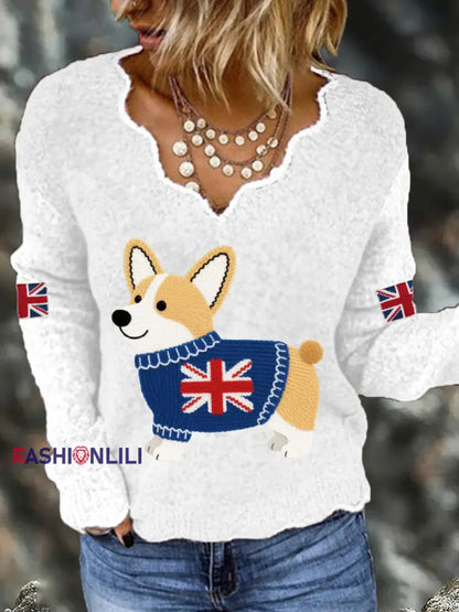 Women’s Cute Corgi Union Jack Print Casual Long Sleeve Top White / S