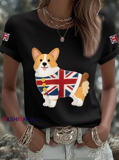 Women’s Cute Corgi Union Jack Print Casual Tee Black / S