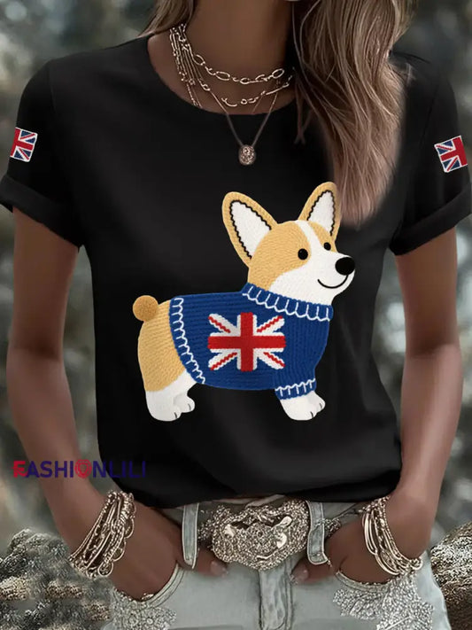 Women’s Cute Corgi Union Jack Print Casual Tee Black / S