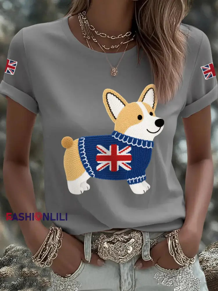 Women’s Cute Corgi Union Jack Print Casual Tee Light Gray / S