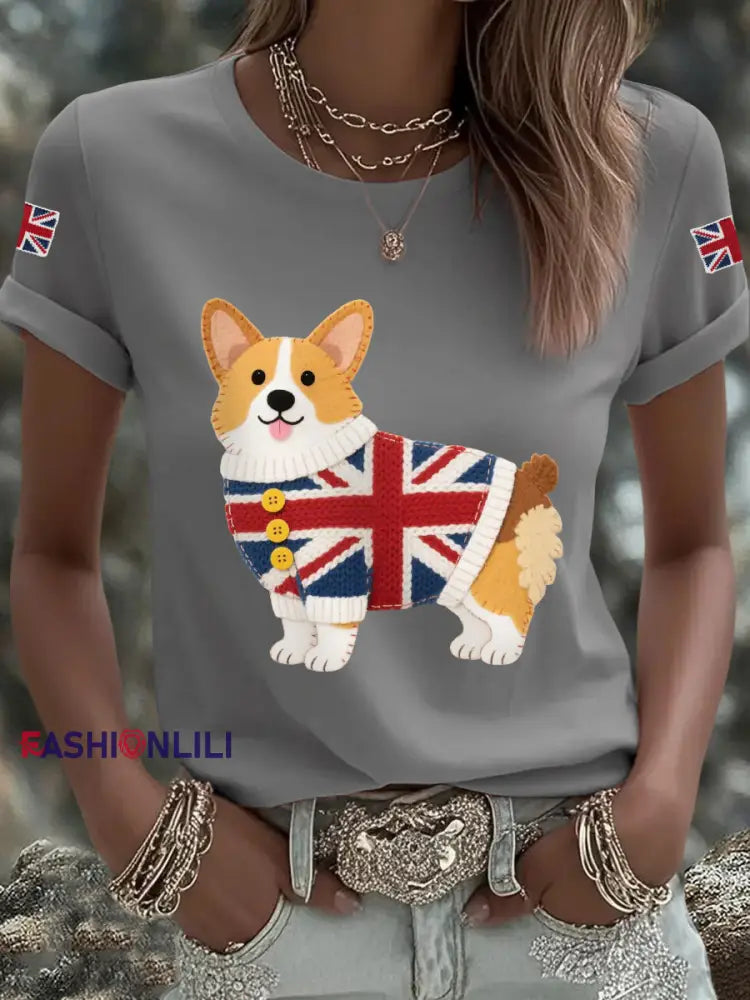 Women’s Cute Corgi Union Jack Print Casual Tee Light Gray / S