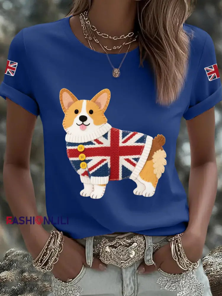 Women’s Cute Corgi Union Jack Print Casual Tee Navy Blue / S