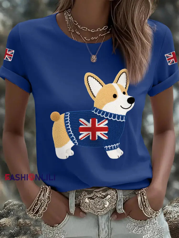 Women’s Cute Corgi Union Jack Print Casual Tee Navy Blue / S