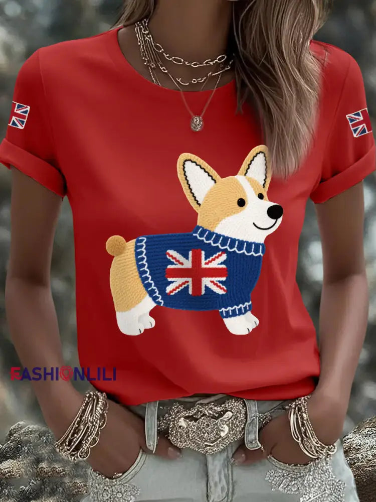 Women’s Cute Corgi Union Jack Print Casual Tee Red / S