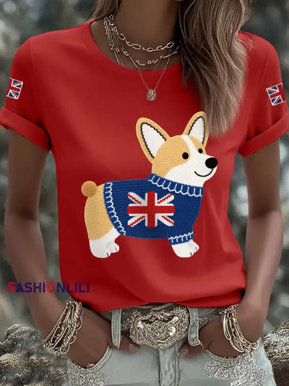 Women’s Cute Corgi Union Jack Print Casual Tee Red / S