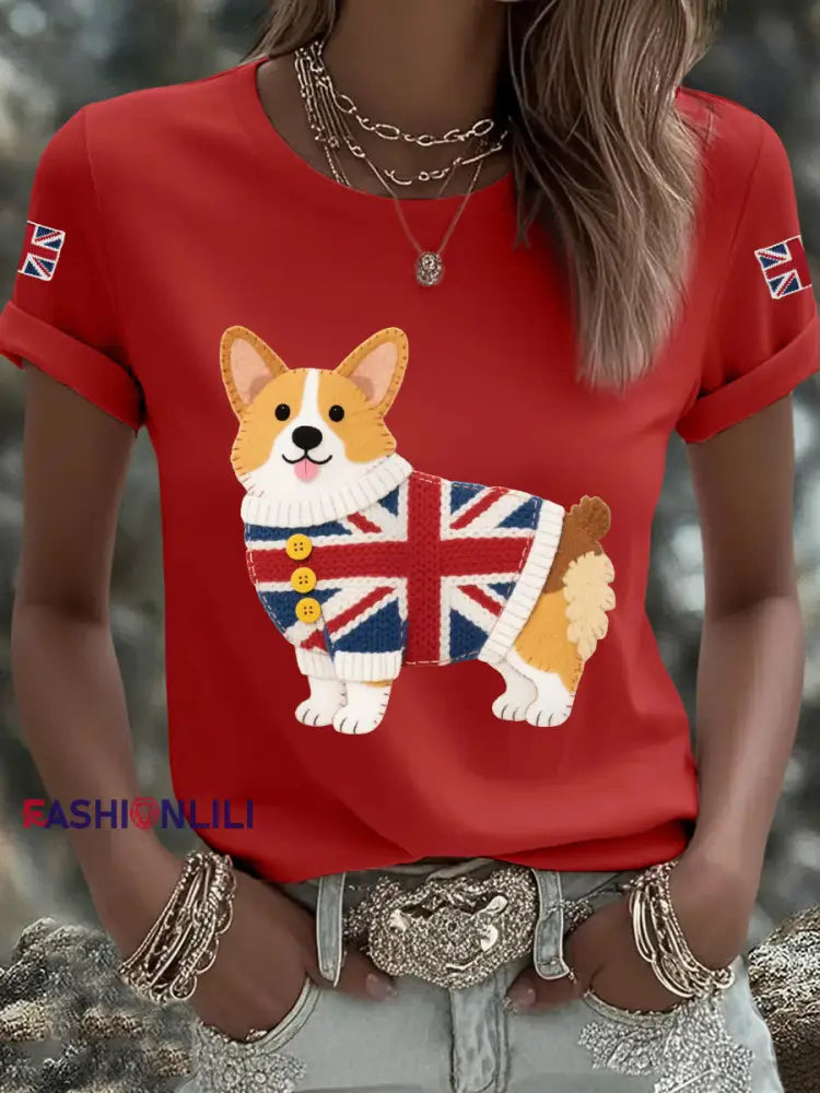 Women’s Cute Corgi Union Jack Print Casual Tee Red / S