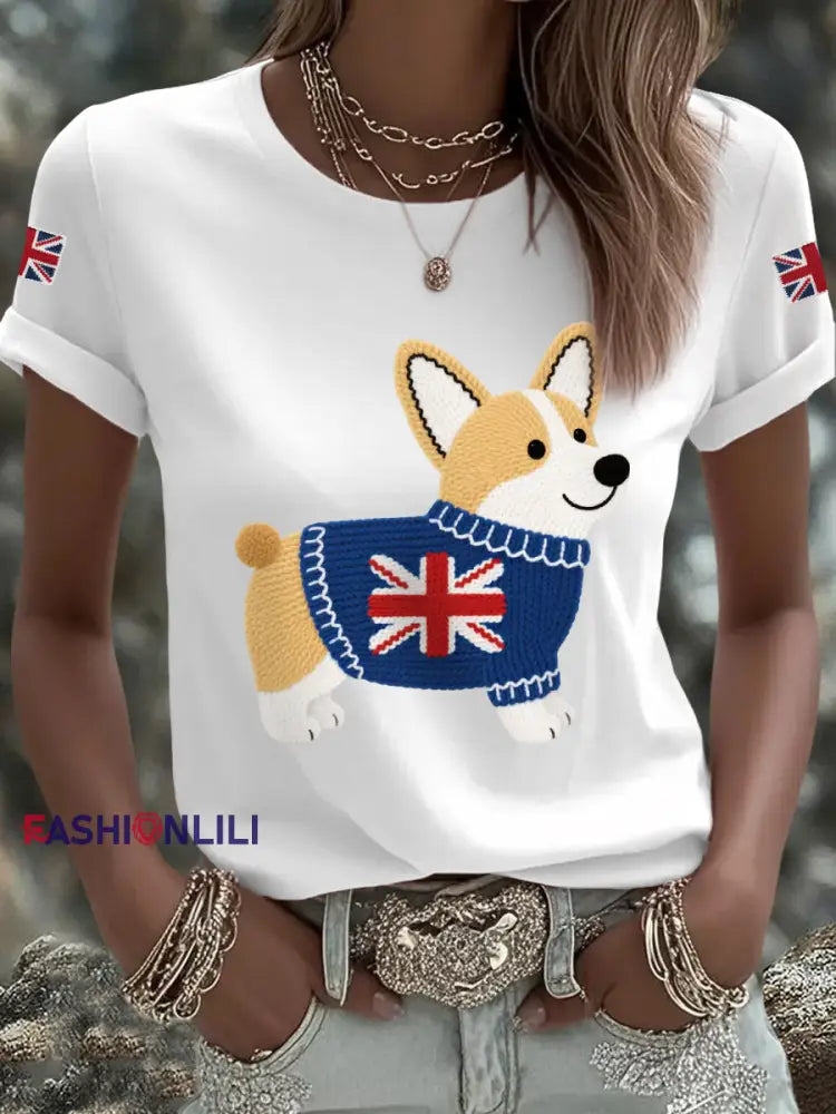 Women’s Cute Corgi Union Jack Print Casual Tee White / S