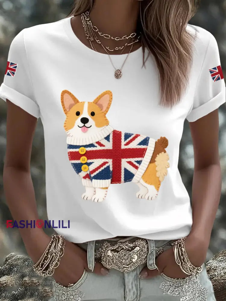 Women’s Cute Corgi Union Jack Print Casual Tee White / S