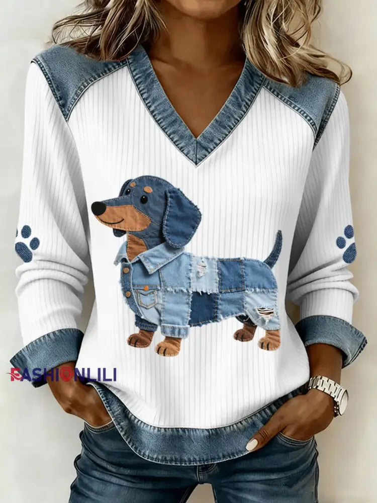 Women’s Cute Dachshund Pattern Denim Patchwork Art V-Neck Top White / S