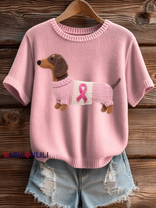 Women’s Cute Dachshund Pattern Felt Art Cozy Knit Top Pink / S