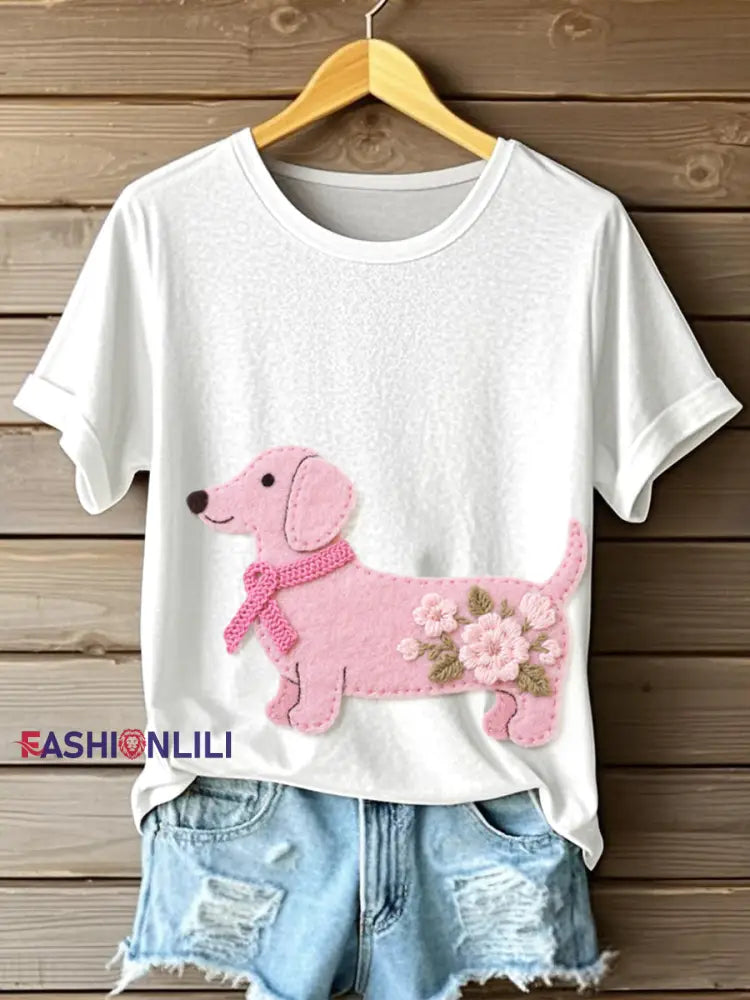 Women’s Cute Dachshund Pattern Felt Art T Shirt White / S