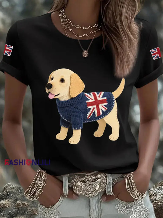 Women’s Cute Labrador Union Jack Print Casual Tee Black / S