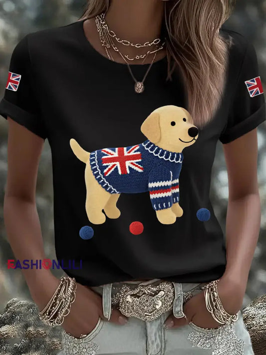 Women’s Cute Labrador Union Jack Print Casual Tee Black / S
