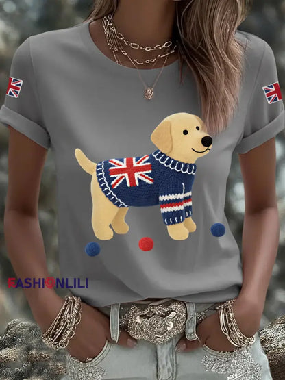 Women’s Cute Labrador Union Jack Print Casual Tee Light Gray / S