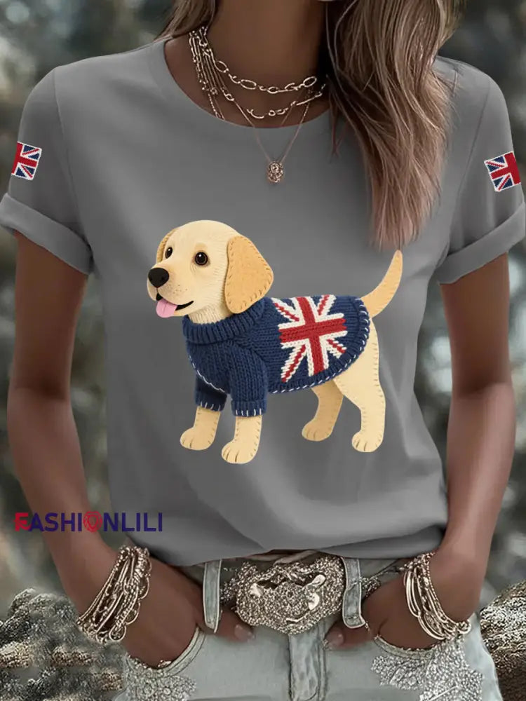 Women’s Cute Labrador Union Jack Print Casual Tee Light Gray / S