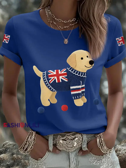 Women’s Cute Labrador Union Jack Print Casual Tee Navy Blue / S