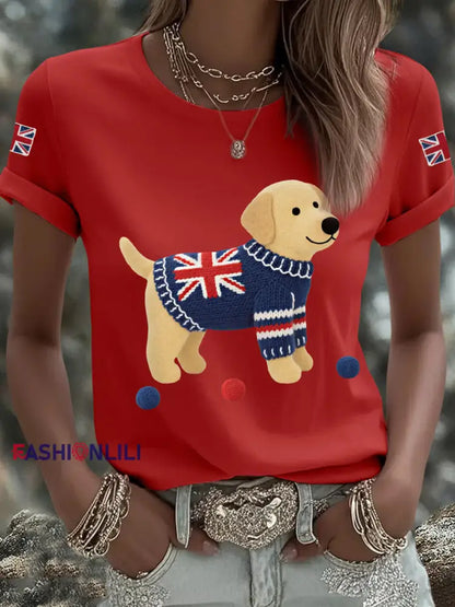 Women’s Cute Labrador Union Jack Print Casual Tee Red / S