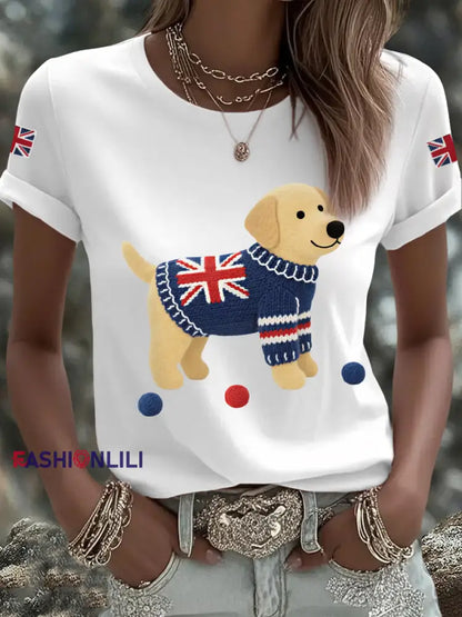 Women’s Cute Labrador Union Jack Print Casual Tee White / S