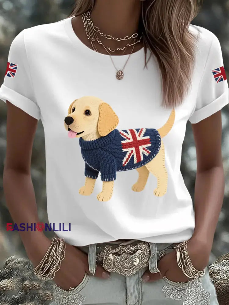 Women’s Cute Labrador Union Jack Print Casual Tee White / S