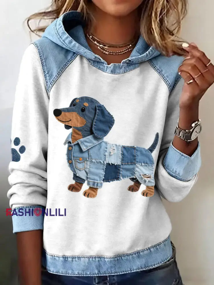 Women’s Dachshund Pattern Denim Patchwork Art Hoodie White / S