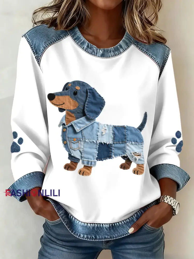 Women’s Dachshund Pattern Denim Patchwork Art Sweatshirt White / S