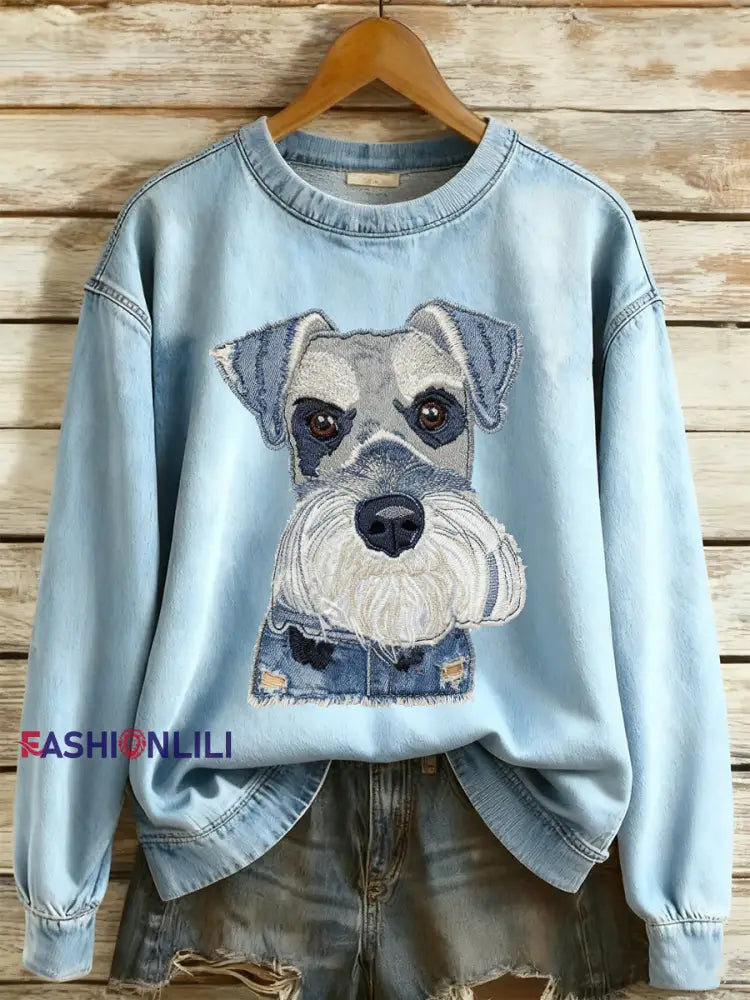 Women’s Denim Animal Print Round Neck Long Sleeved Sweater Light Blue / S