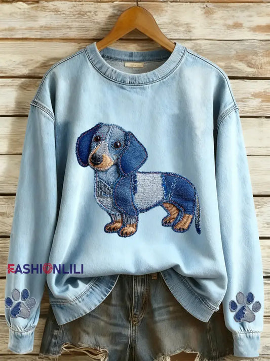 Women’s Denim Animal Print Round Neck Long Sleeved Sweatshirt Light Blue / S