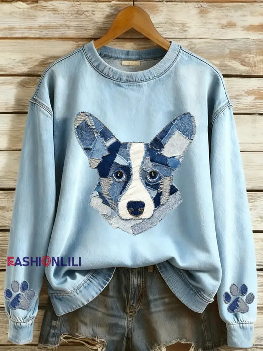 Women’s Denim Animal Print Round Neck Long Sleeved Sweatshirt Light Blue / S