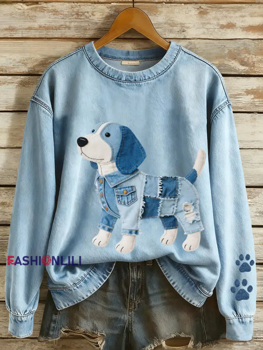 Women’s Denim Patchwork Art Beagle Dog Pattern Sweatshirt Blue / S