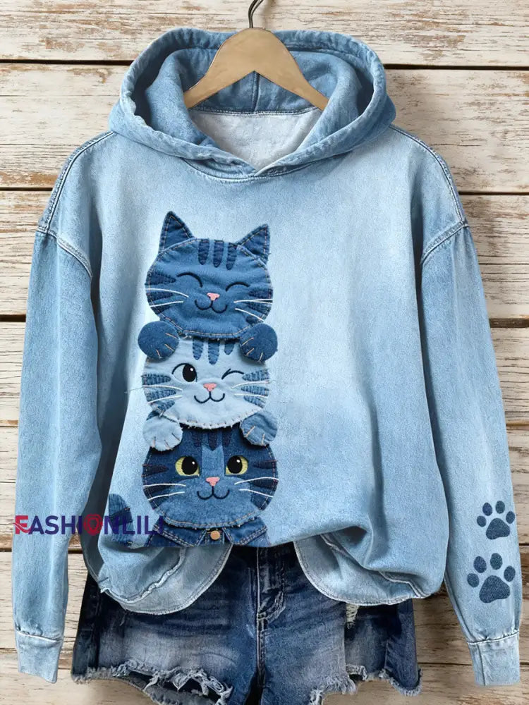Women’s Denim Patchwork Art Cat Pattern Hoodie Blue / S