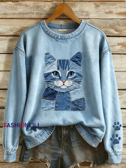 Women’s Denim Patchwork Art Cat Pattern Sweatshirt Blue / S