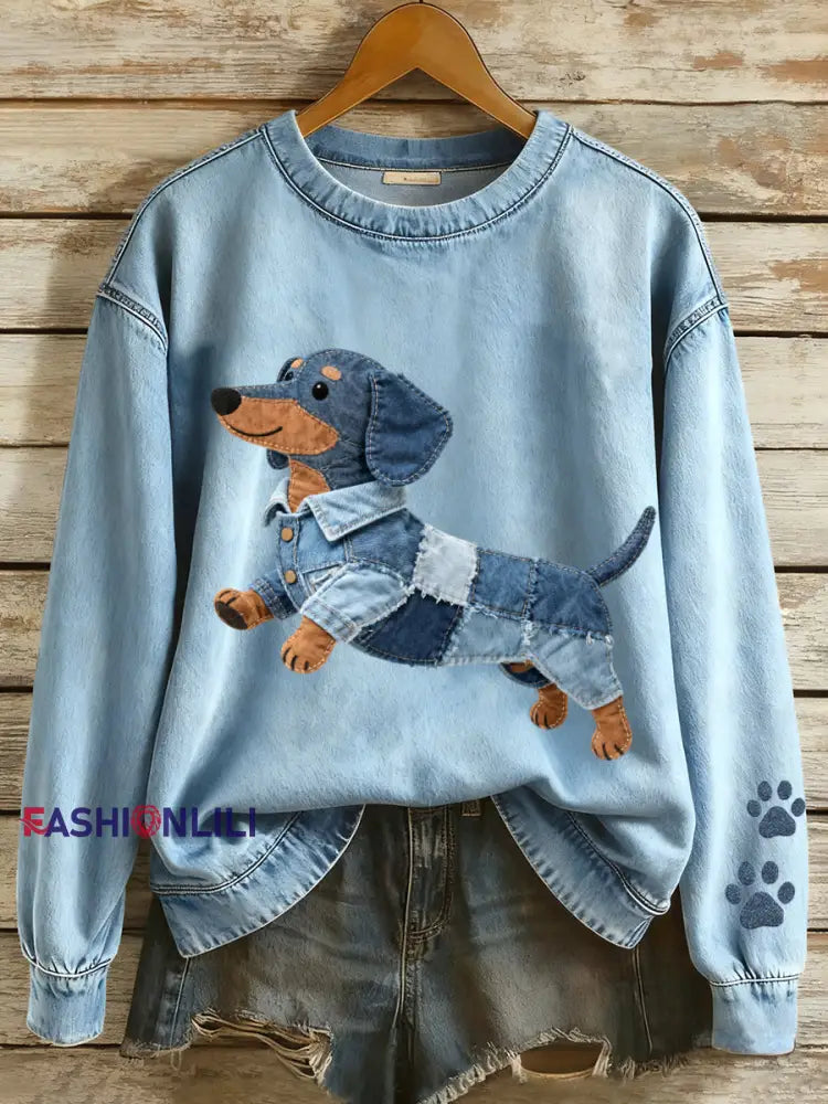 Women’s Denim Patchwork Art Dachshund Dog Pattern Sweatshirt Blue / S