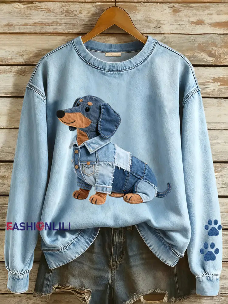 Women’s Denim Patchwork Art Dachshund Dog Pattern Sweatshirt Blue / S