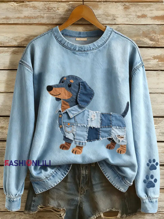 Women’s Denim Patchwork Art Dachshund Dog Pattern Sweatshirt Blue / S