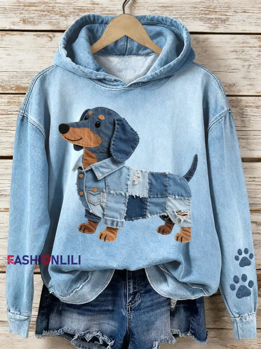 Women’s Denim Patchwork Art Dachshund Pattern Hoodie Blue / S
