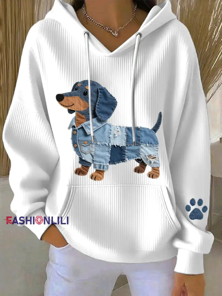Women’s Denim Patchwork Art Dachshund Pattern Hoodie White / S