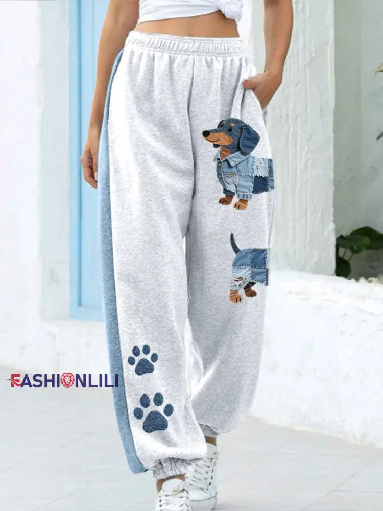 Women’s Denim Patchwork Art Dachshund Pattern Pants As picture / S