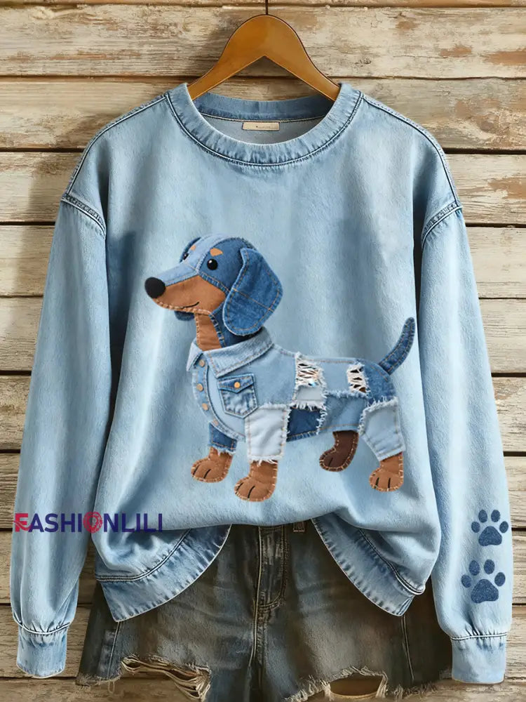 Women’s Denim Patchwork Art Dachshund Pattern Sweatshirt Blue / S