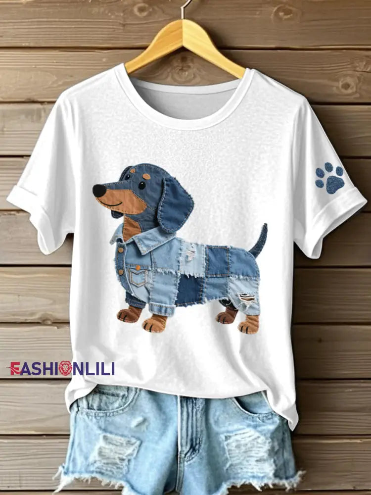 Women’s Denim Patchwork Art Dachshund Pattern T-Shirt White / S